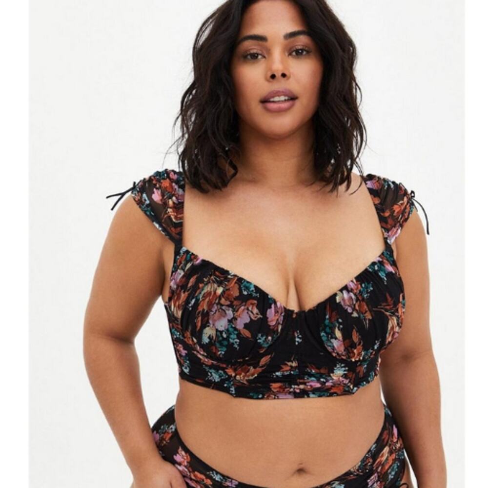 Torrid Womens‎ Dark Cottagecore Mesh Cap Sleeve Floral Bustier Longline Bra 1X